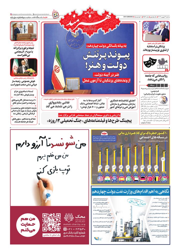 روزنامه هنرمند شماره 2582